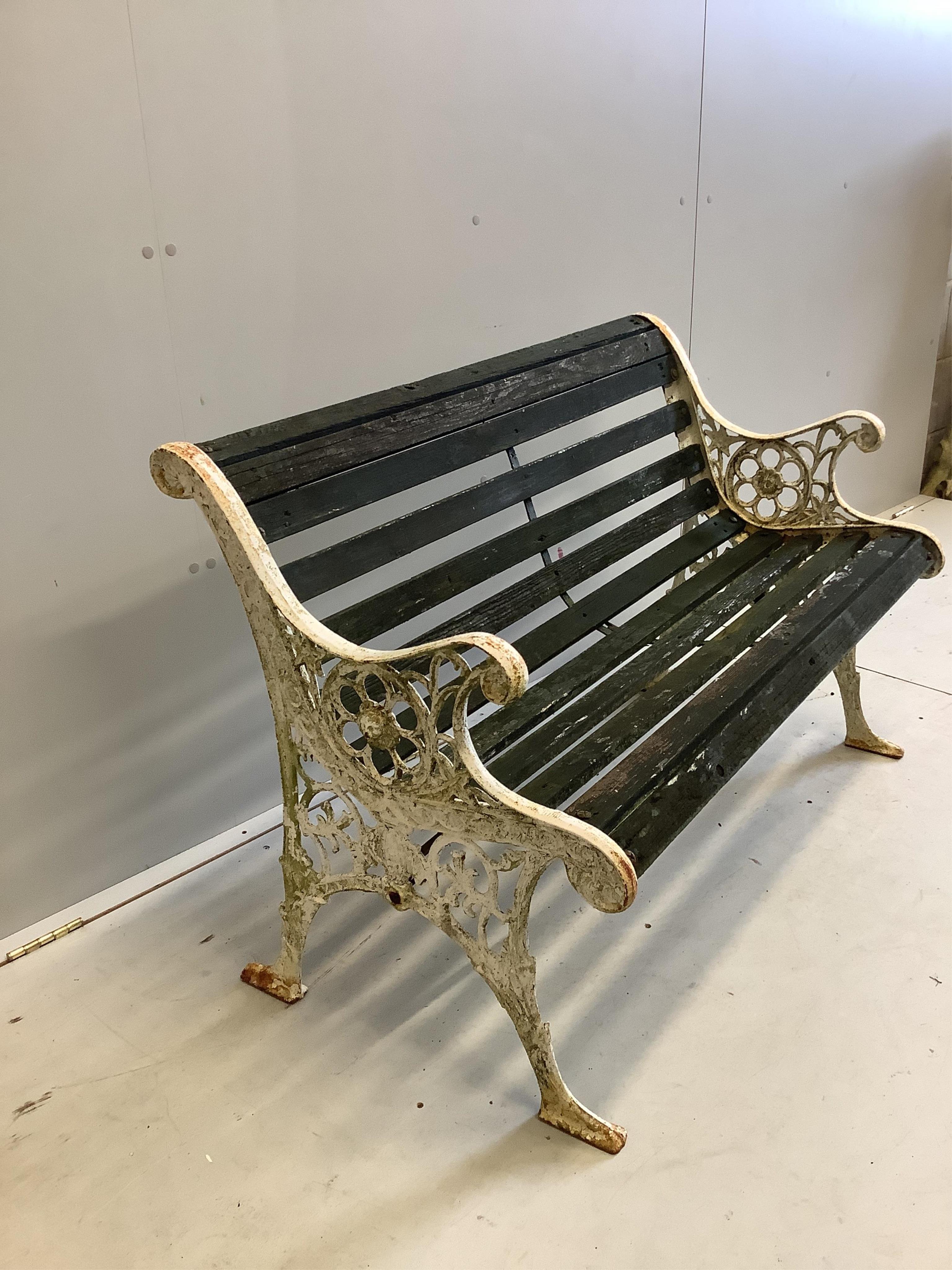 A Victorian style slatted aluminium garden bench, width 110cm, depth 54cm, height 72cm. Condition - fair